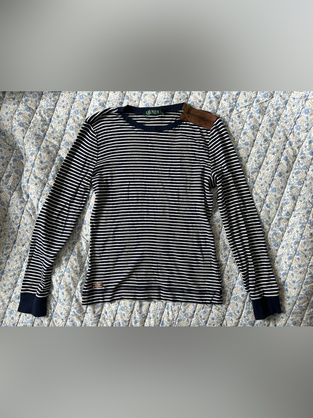 Lauren Ralph Lauren Navy Blue White Striped Faux Suede Tan Patch Sweater Size M